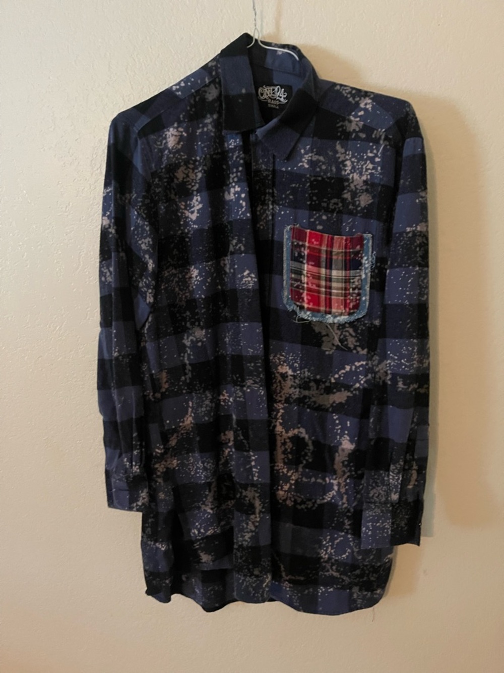 Bleached Navy Plaid Button-Down Shirt with Contrast Pocket